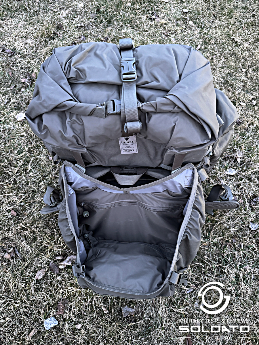 Uzavření komínové části batohu Snigel 100l. 